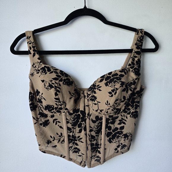 Windsor Tops - Windsor Floral Tan and Black Corset Top M Y2K